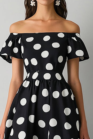 Boho Black and White Satin A Line Off the Shoulder Maxi Polka Dot Dress